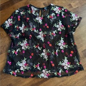 Forever 21 Plus Black Mesh Floral Embroidered Tee 3X